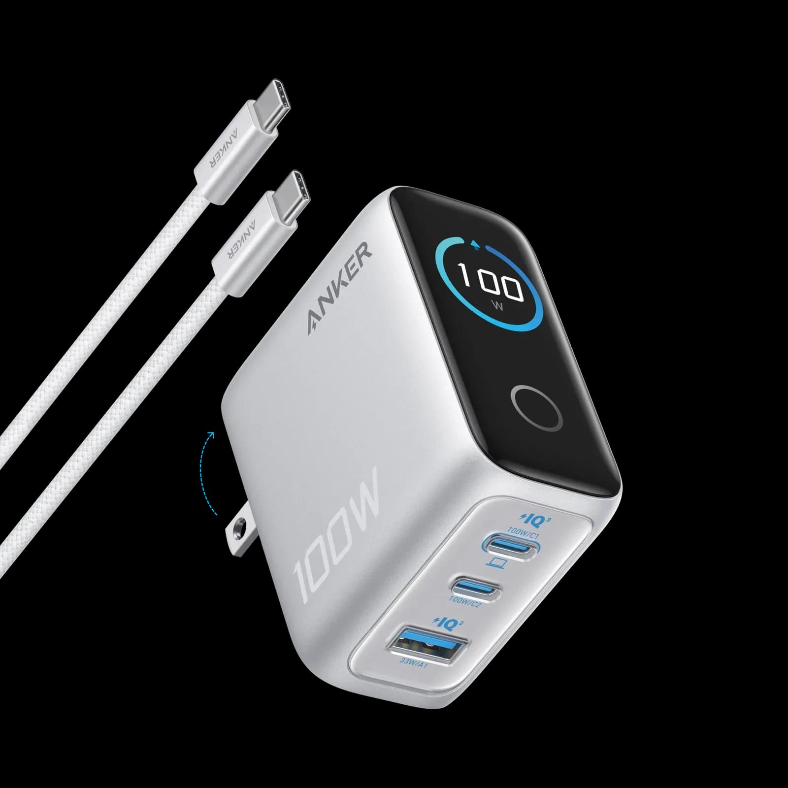 Anker Charger (100W, 3 Ports, Smart Display) Silver
