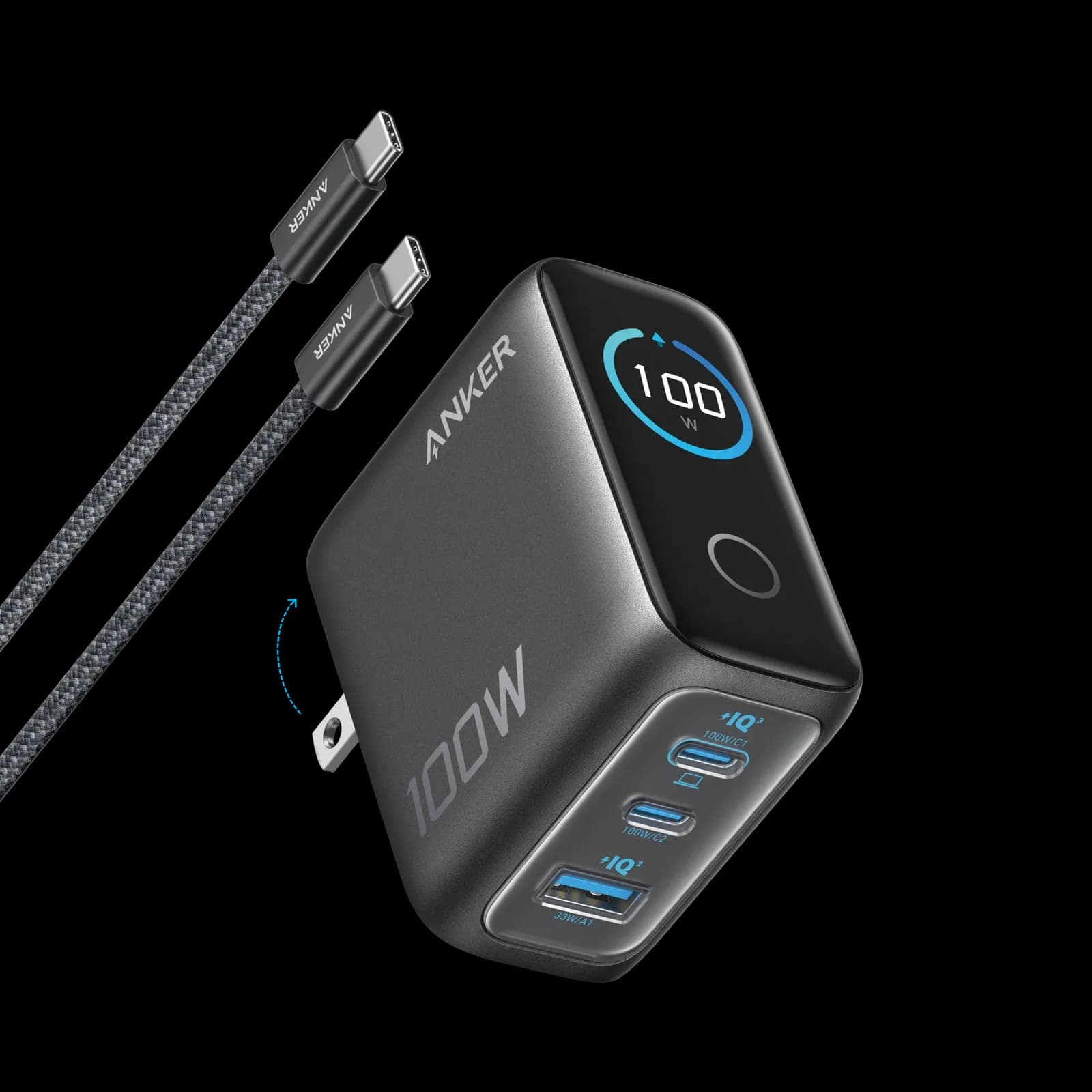 Anker Charger (100W, 3 Ports, Smart Display) Gray